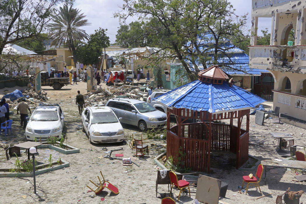 A view of Asasey Hotel after an attack, in Kismayo, Somalia, Saturday July 13, 2019. At least ...