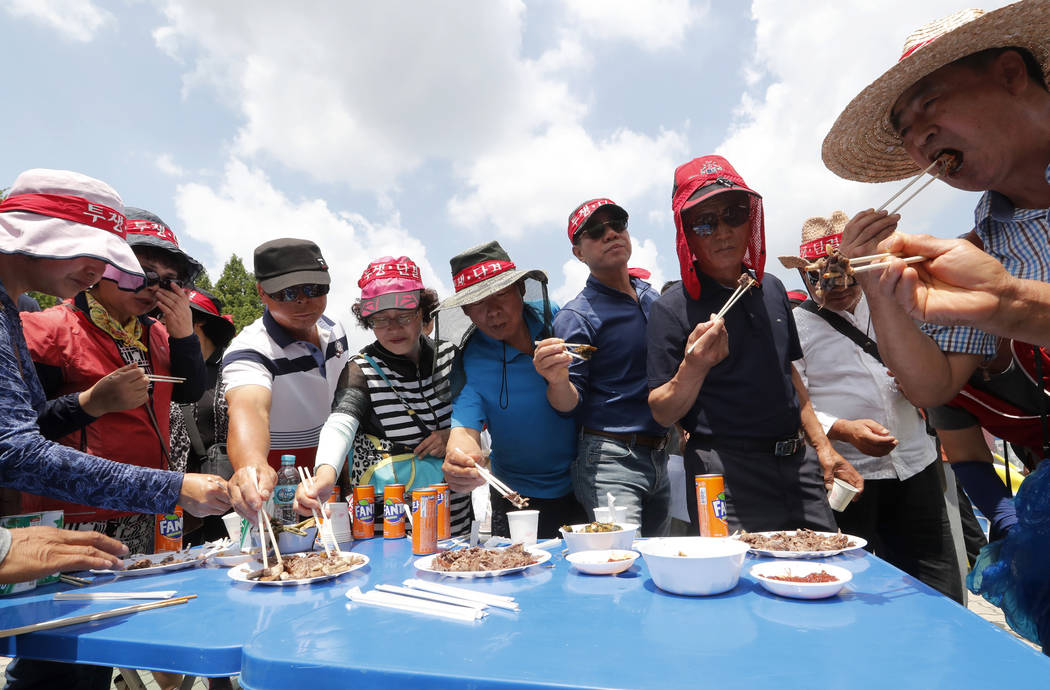 Members of the Korean Dog Meat Association eat dog meat during a rally to support eating the me ...