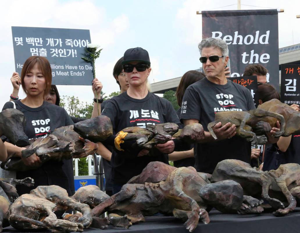 American actress Kim Basinger, center, holds a model of a slaughtered dog during a rally to opp ...