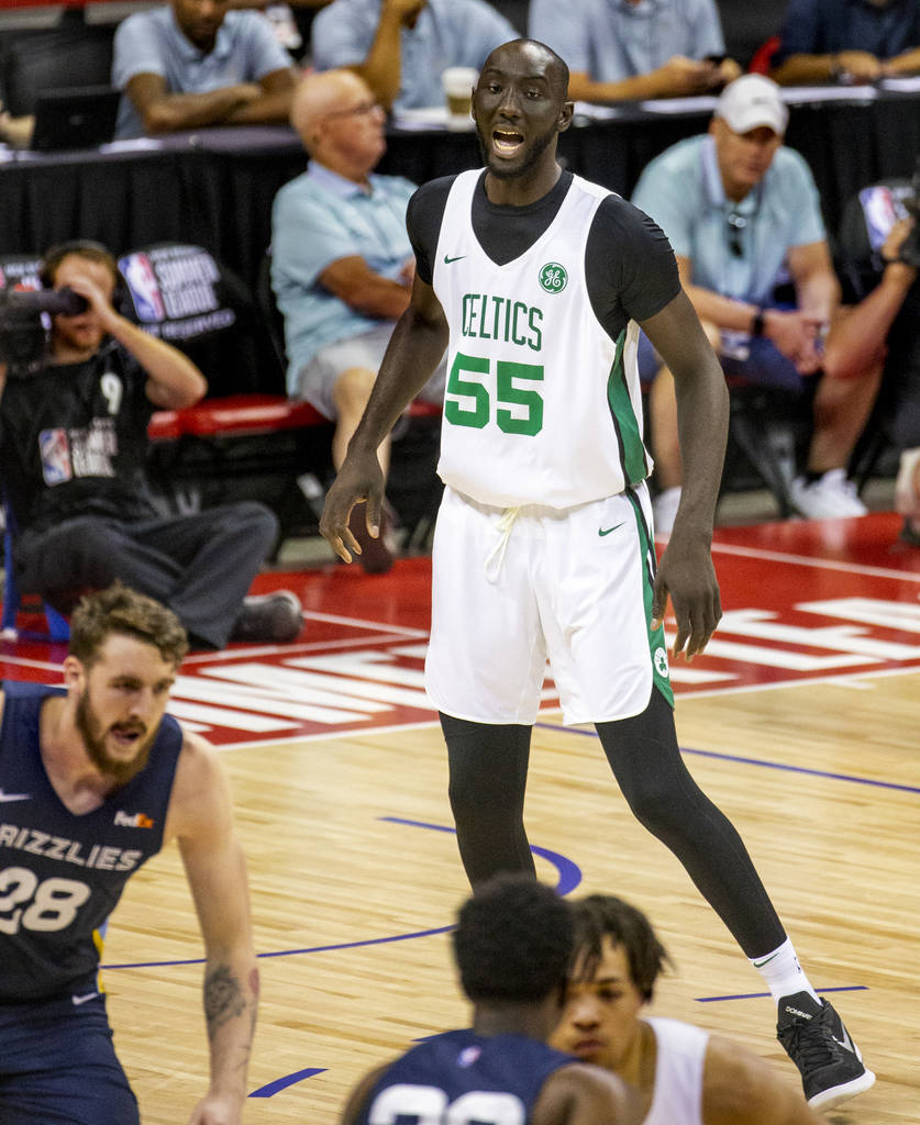 Boston Celtics center Tacko Fall calls out a defense to teammates versus the Memphis Grizzlies ...