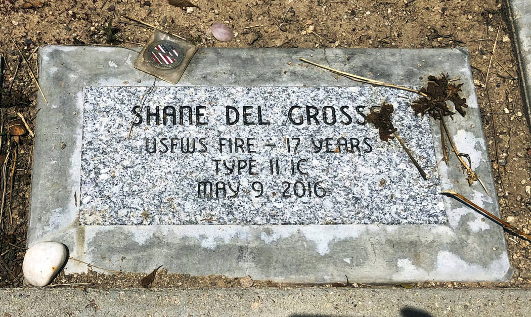 This June 3, 2019 photo shows a memorial stone for Shane Del Grosso at the Wildland Firefighter ...