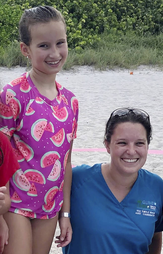 Samantha Kohl, 10, and Caitlin Bovery of the Gumbo Limo Nature Center, pose in Boca Raton, Fla. ...