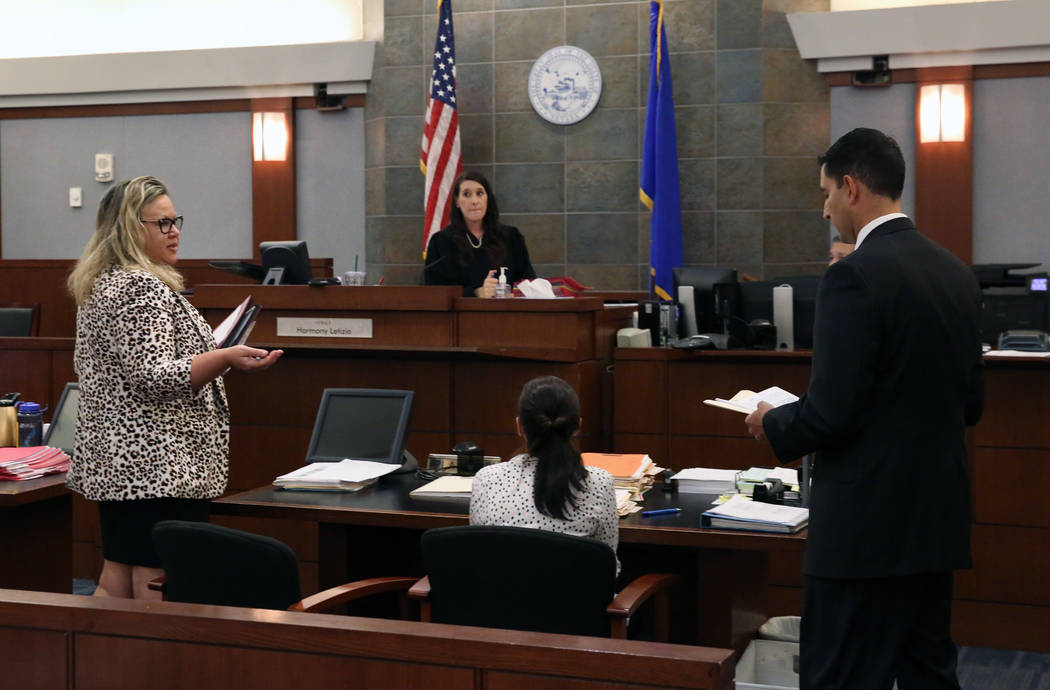 Review-Journal attorney, Maggie McLetchie, left, addresses the court as Justice of the Peace Ha ...