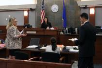 Review-Journal attorney, Maggie McLetchie, left, addresses the court as Justice of the Peace Ha ...