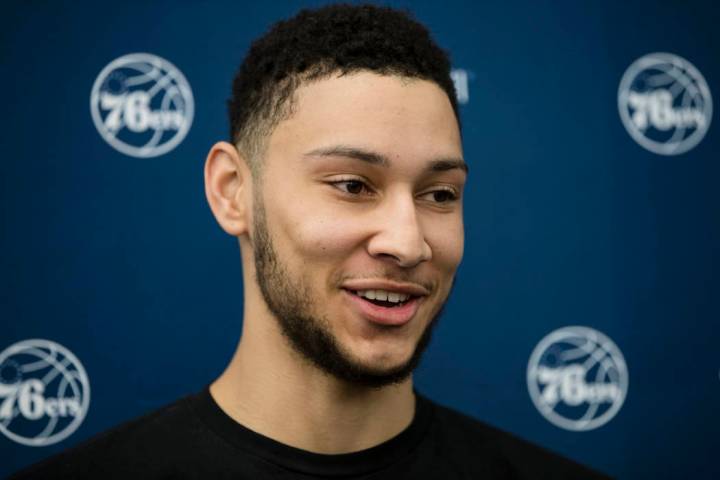 Philadelphia 76ers' Ben Simmons speaks with members of the media at the team's NBA basketball t ...