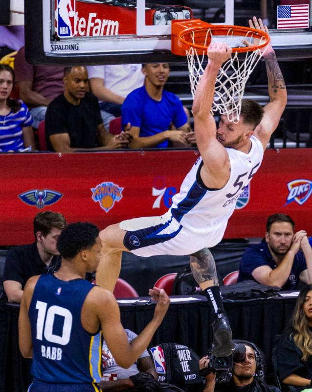 Minnesota Timberwolves forward Mitch Creek, above, looks back after a big dunk over Memphis Gri ...