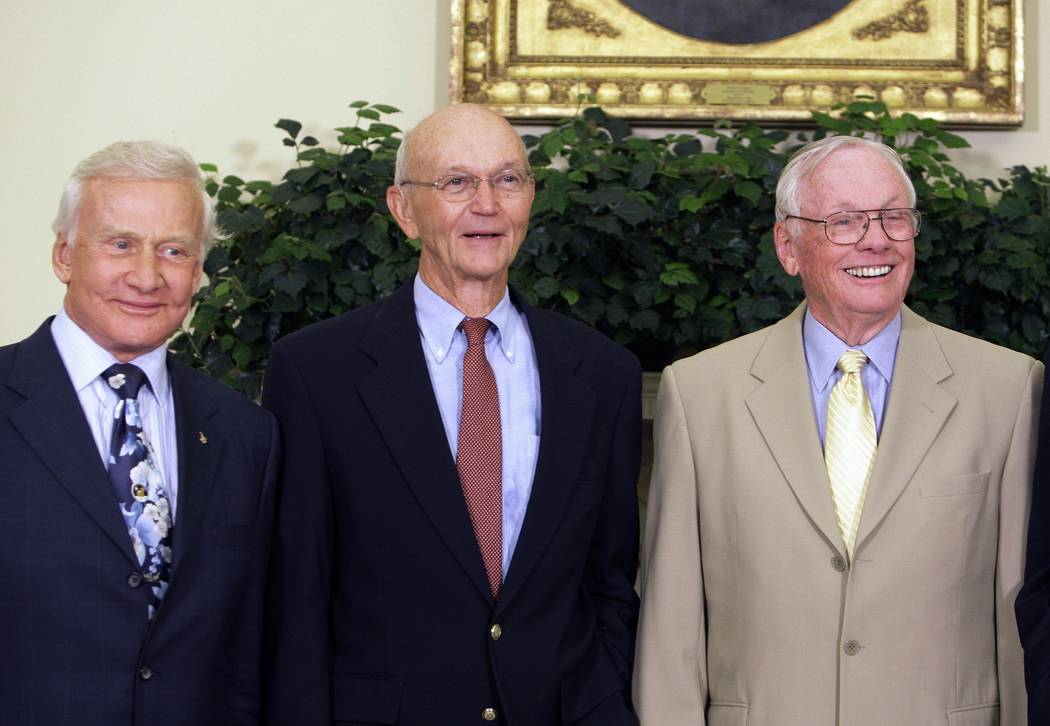 In this July 20, 2009 file photo, Apollo 11 astronauts, from left, Buzz Aldrin, Michael Collins ...