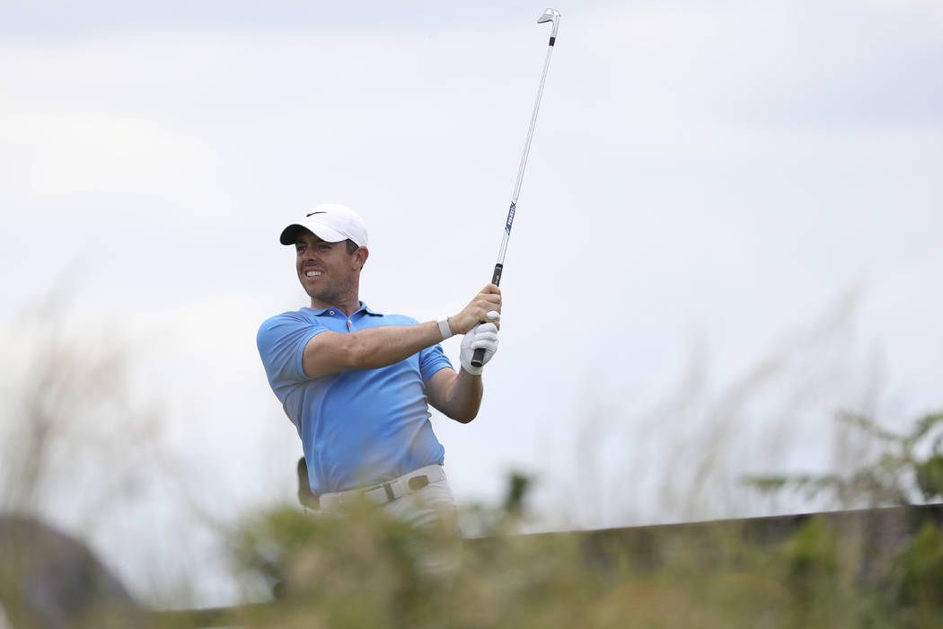 Northern Ireland's Rory McIlroy tees off the 3rd during a practice round ahead of the start of ...
