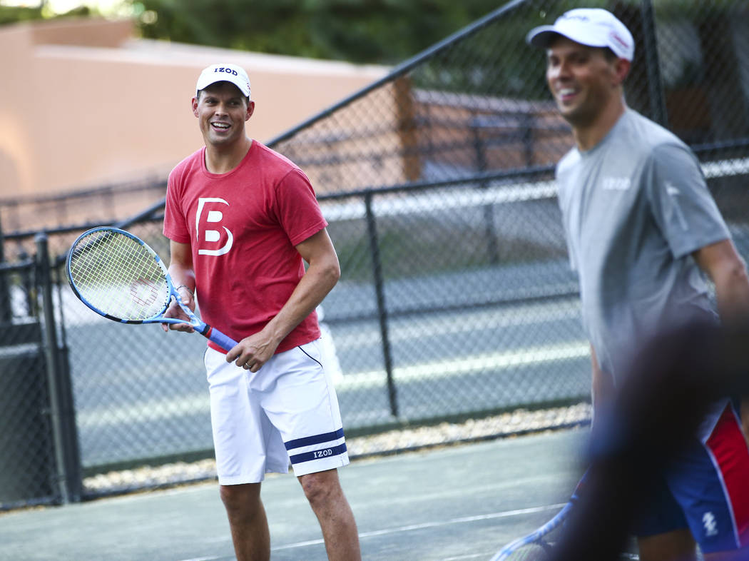 Bob Bryan, left, and Mike Bryan help lead a tennis clinic held at the Stirling Club at Turnberr ...