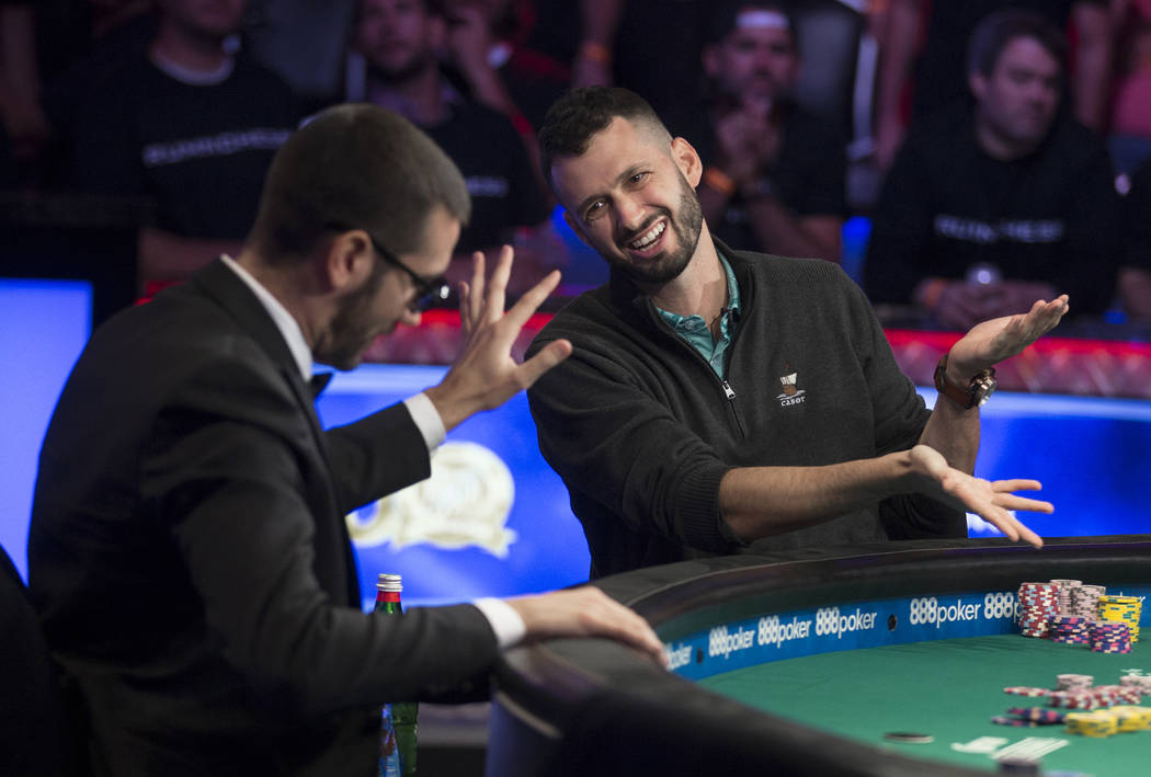 Alex Livingston, right, from Canada, jokes with Dario Sammartino, from Italy, during the World ...