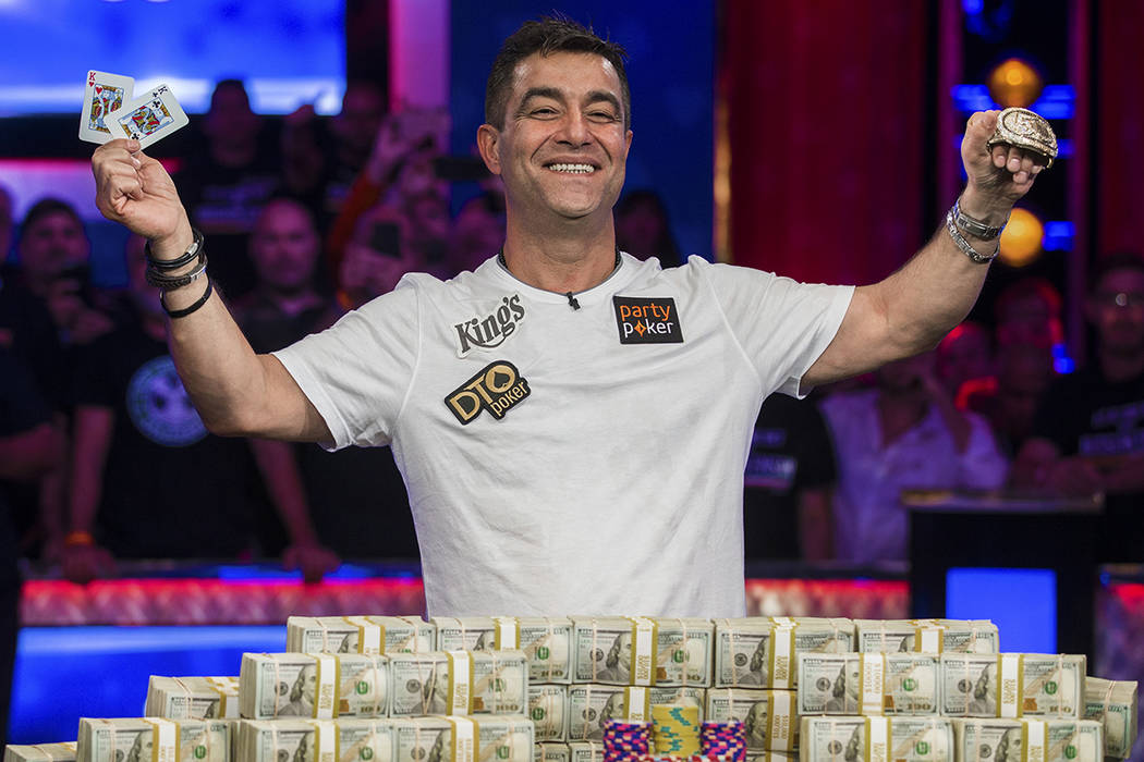 Hossein Ensan celebrates after winning the World Series of Poker Main Event on Wednesday, July ...