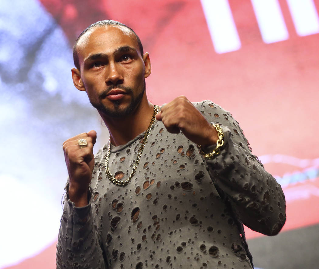 Keith Thurman poses for pictures during a press conference ahead of his WBA welterweight champi ...