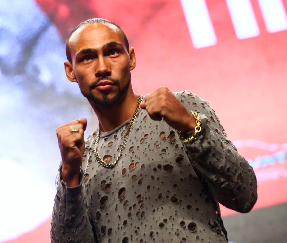Keith Thurman poses for pictures during a press conference ahead of his WBA welterweight champi ...