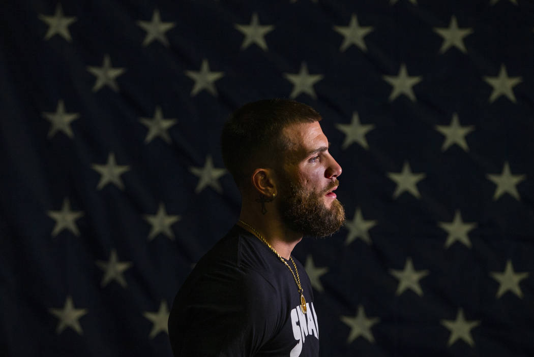 Boxer Caleb Plant, IBF super middleweight champion, gives an interview during a media day/open ...