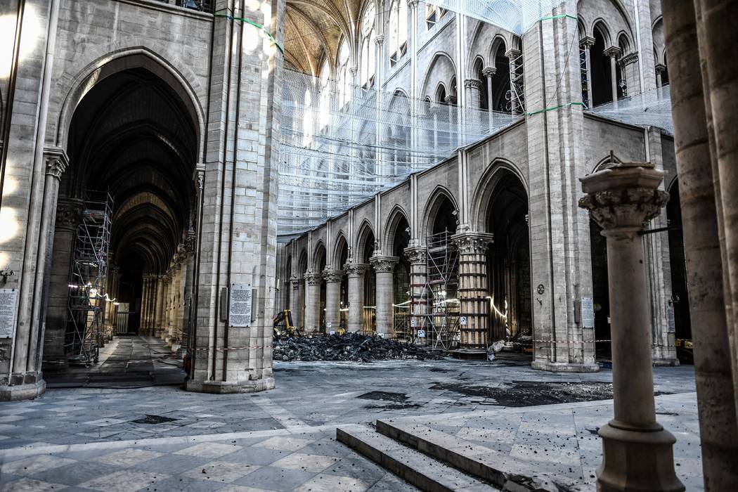 Damage on the nave and rubble during preliminary work in the Notre-Dame de Paris Cathedral thre ...