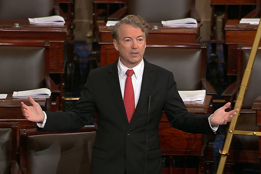 In this image from video from Senate Television, Sen. Rand Paul, R-Ky., speaks on the floor of ...