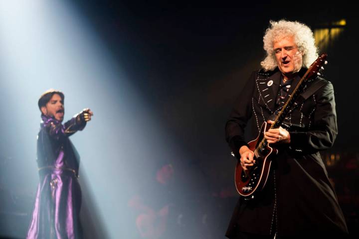 Adam Lambert and Queen guitarist Brian May perform at Park MGM theater in Las Vegas, Sept. 1, 2 ...