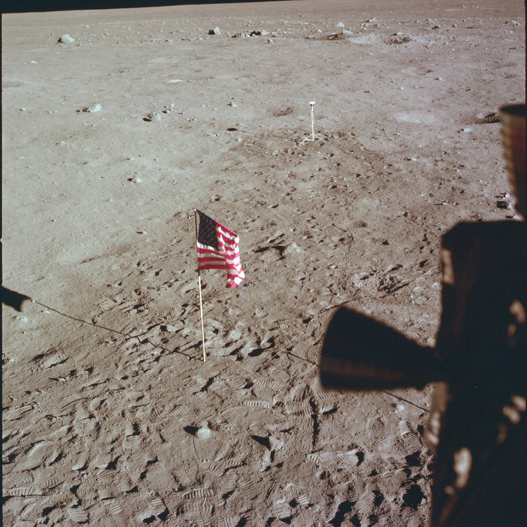 This July 21, 1969 photo made available by NASA shows Tranquility Base and the U.S. flag from a ...