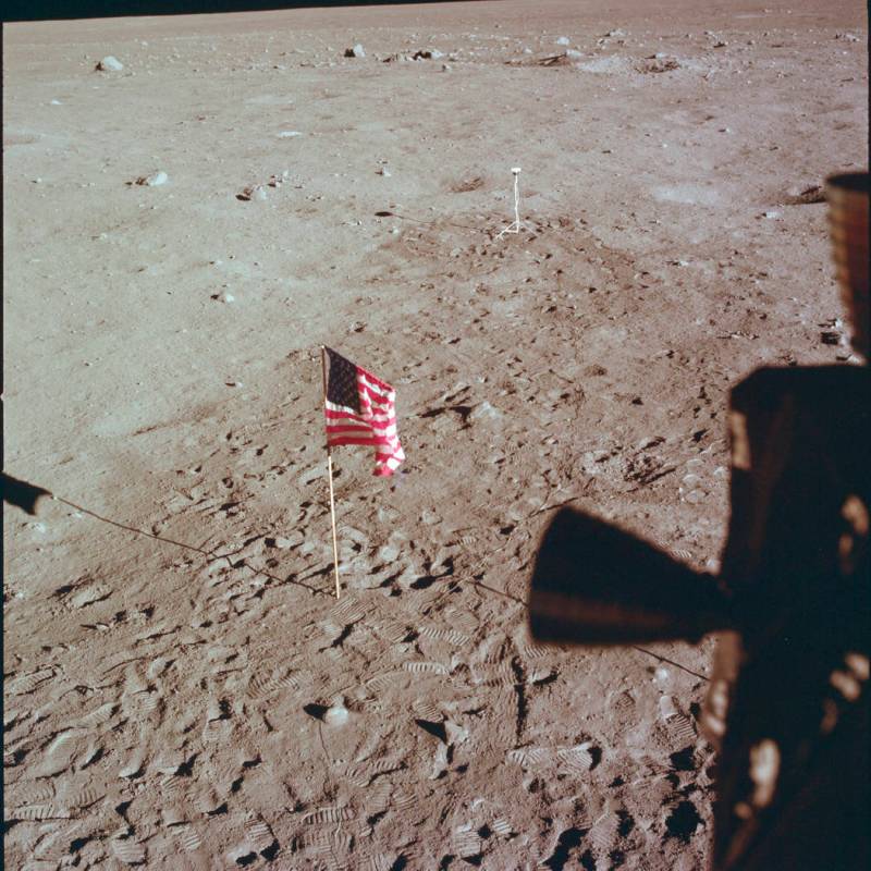 This July 21, 1969 photo made available by NASA shows Tranquility Base and the U.S. flag from a ...