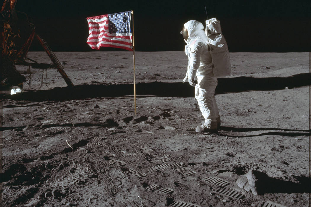 In this July 20, 1969 photo made available by NASA, astronaut Buzz Aldrin Jr. poses for a photo ...