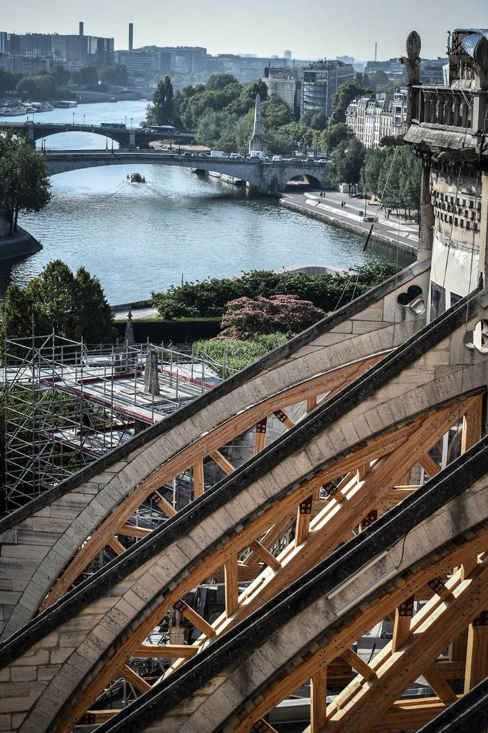 The building's buttress is pictured during preliminary work at the Notre-Dame de Paris Cathedra ...