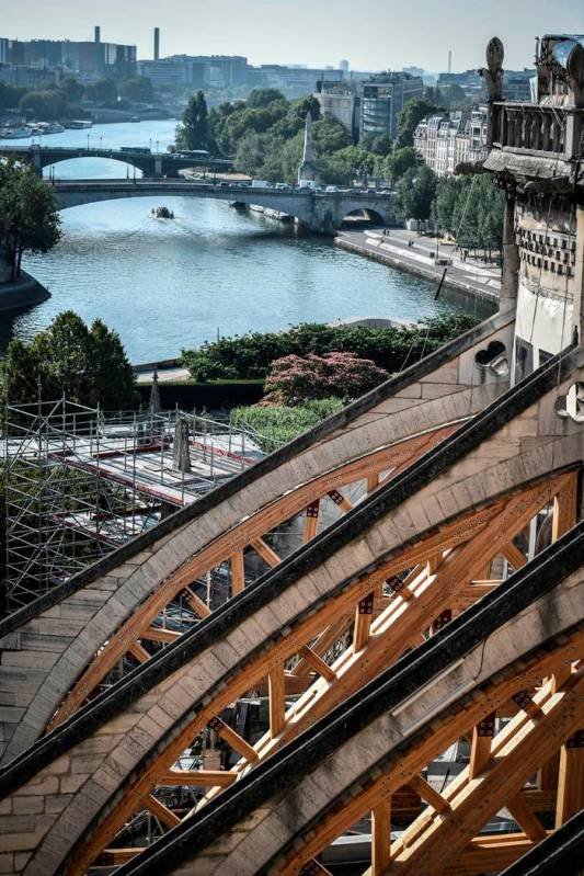 The building's buttress is pictured during preliminary work at the Notre-Dame de Paris Cathedra ...