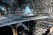 Parts of a destroyed ribbed vault and scaffolding are pictured at the Notre-Dame de Paris Cathe ...