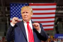 President Donald Trump arrives to speak at a campaign rally at Williams Arena in Greenville, N. ...