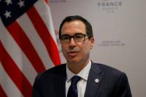 US Treasury Secretary Steve Mnuchin answers reporters after the G-7 Finance Thursday, July 18, ...