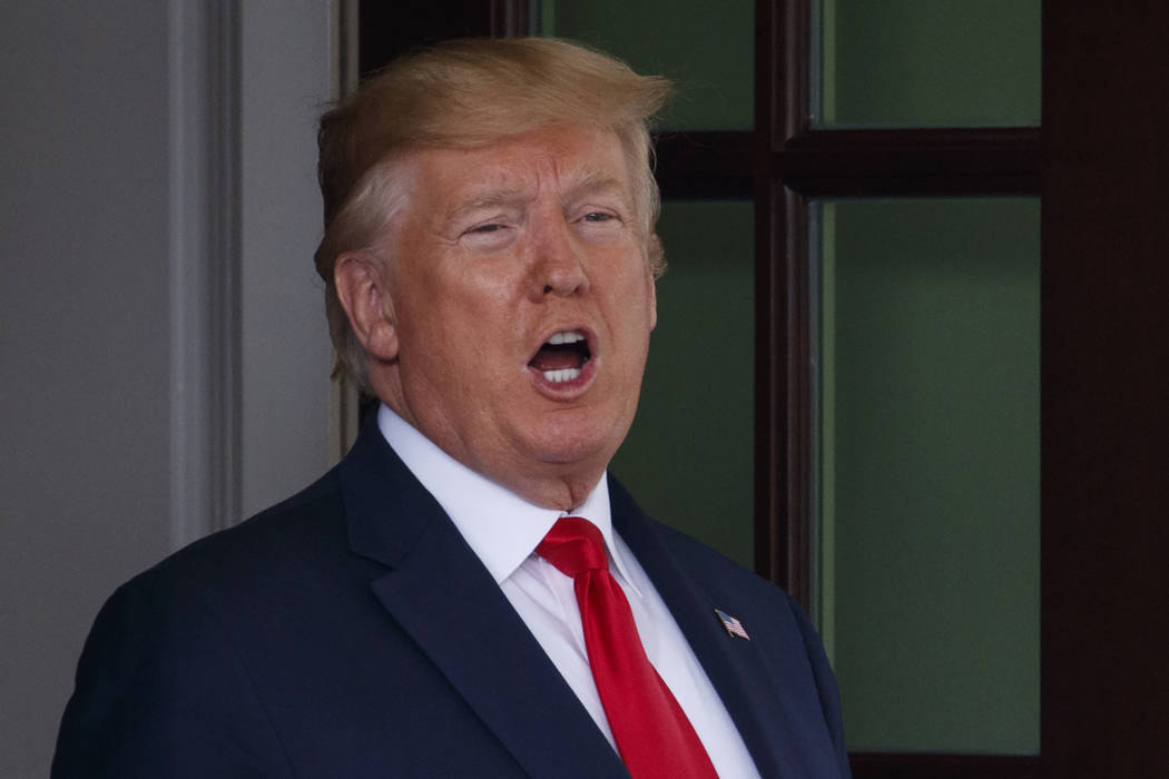 President Donald Trump calls to the media as he waits to greet Dutch Prime Minister Mark Rutte ...