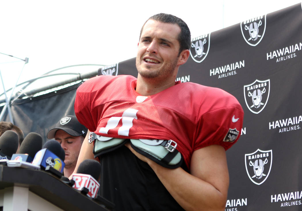 Oakland Raiders quarterback Derek Carr (4) answers questions from the media at the team's NFL t ...