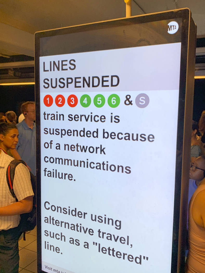 In this photo provided by Kenneth Ferrone, a digital sign on a New York City subway platform wa ...