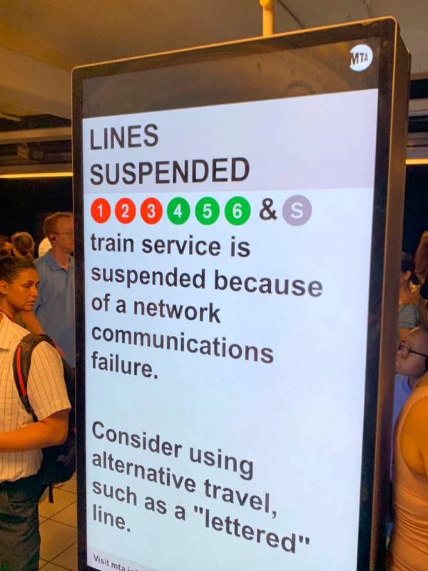 In this photo provided by Kenneth Ferrone, a digital sign on a New York City subway platform wa ...