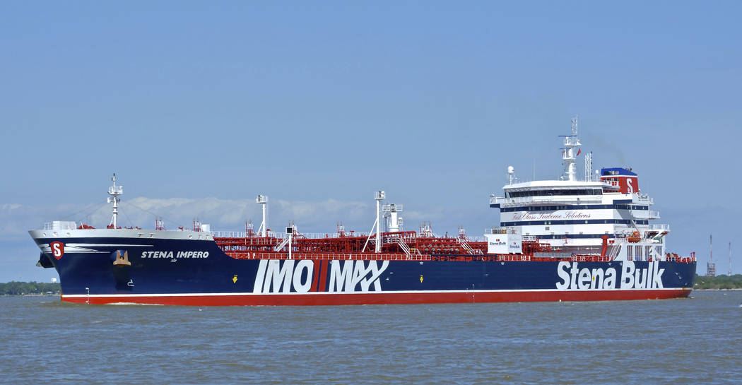 In this May 5, 2019 photo issued by Karatzas Images, showing the British oil tanker Stena Imper ...