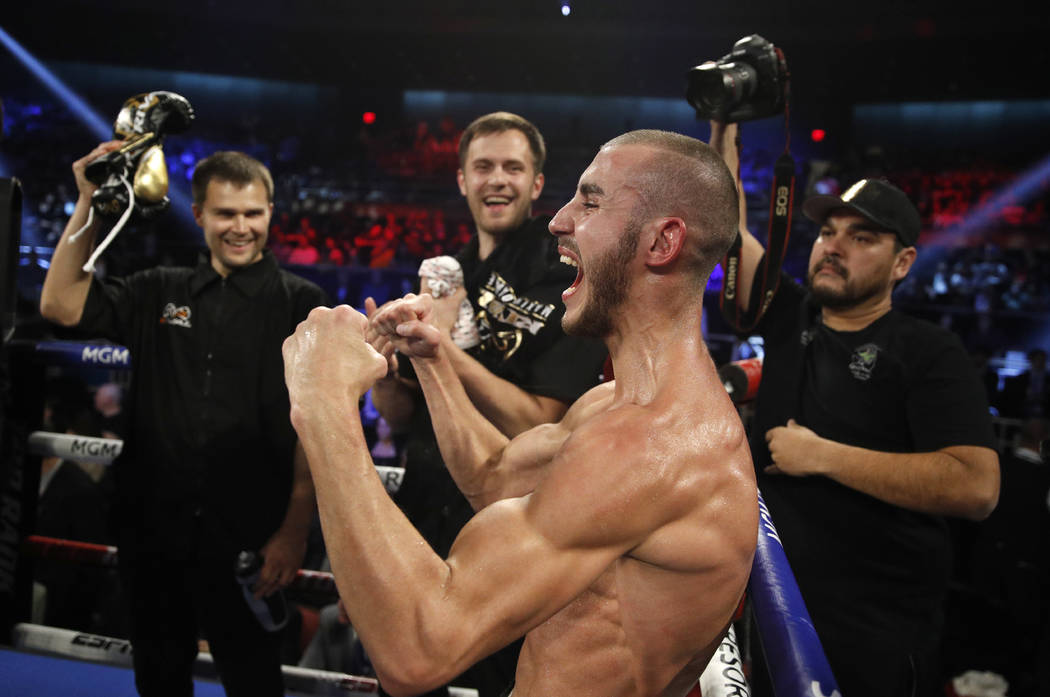 FILE - In this Saturday, Oct. 20, 2018 file photo, Maxim Dadashev celebrates after defeating An ...