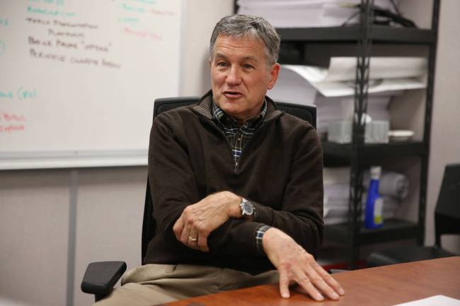 Don Webb, chief operating officer of the LV Stadium Co., is interviewed at the Raiders stadium ...