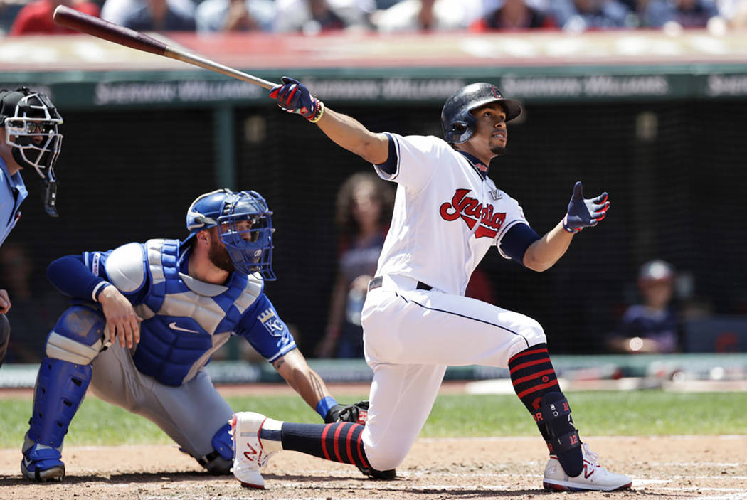 Cleveland Indians' Francisco Lindor watches his ball after hitting a two-run home run in the th ...