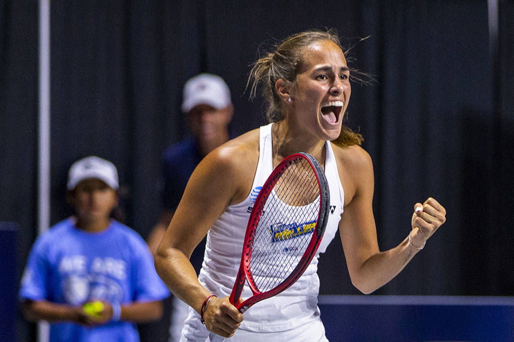 Vegas Rollers' Monica Puig celebrates her women's singles set victory versus the Philadelphia F ...