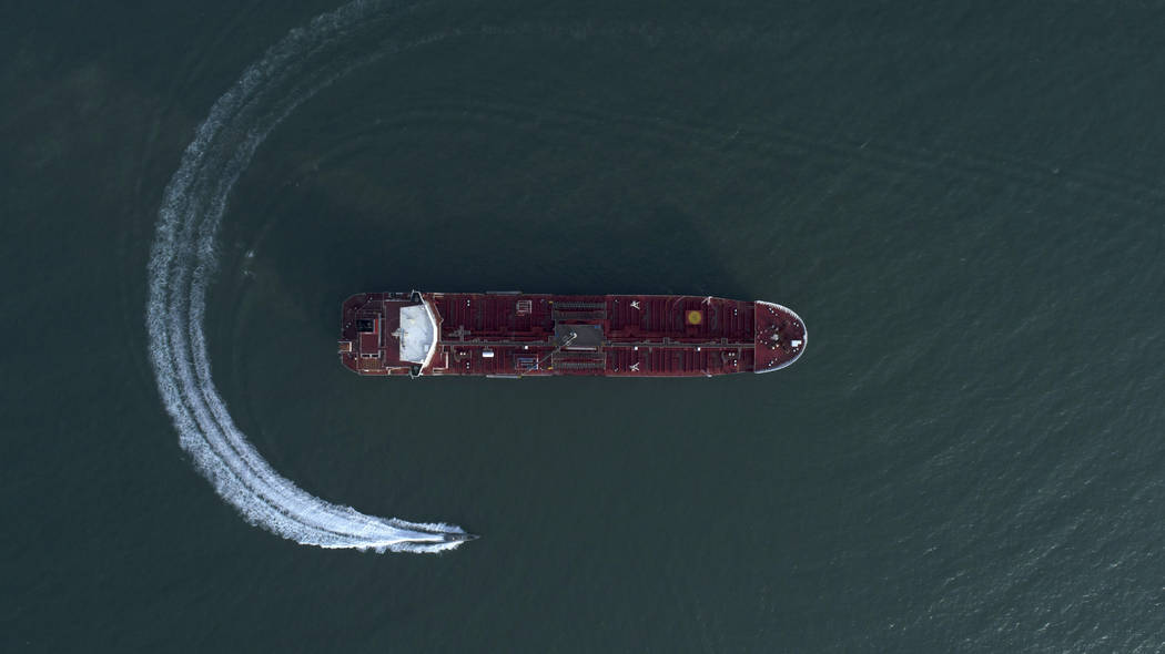 In this Sunday, July 21, 2019 photo, an aerial view shows a speedboat of Iran's Revolutionary G ...