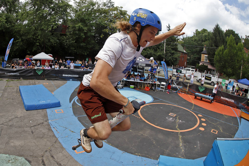 Flynn Nyman,of Chrivalis, Oregon, performs during Pogopalooza, The World Championships of Pogo ...