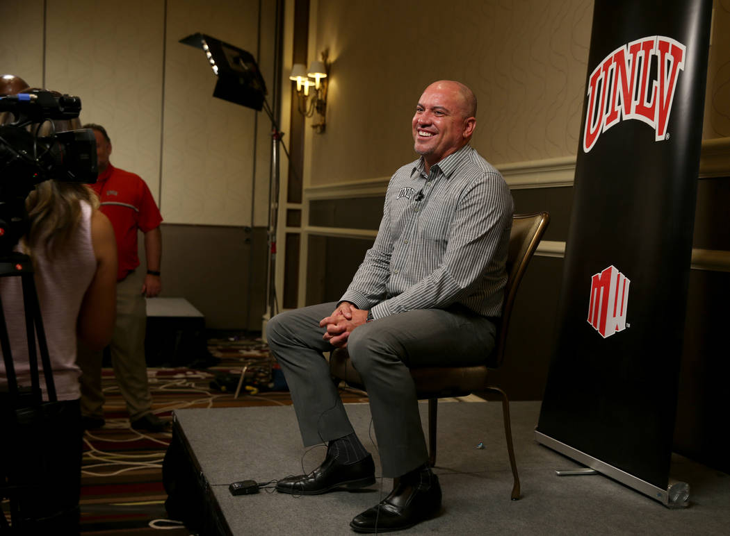 UNLV Rebels head coach Tony Sanchez talks to reporters during Mountain West football media days ...