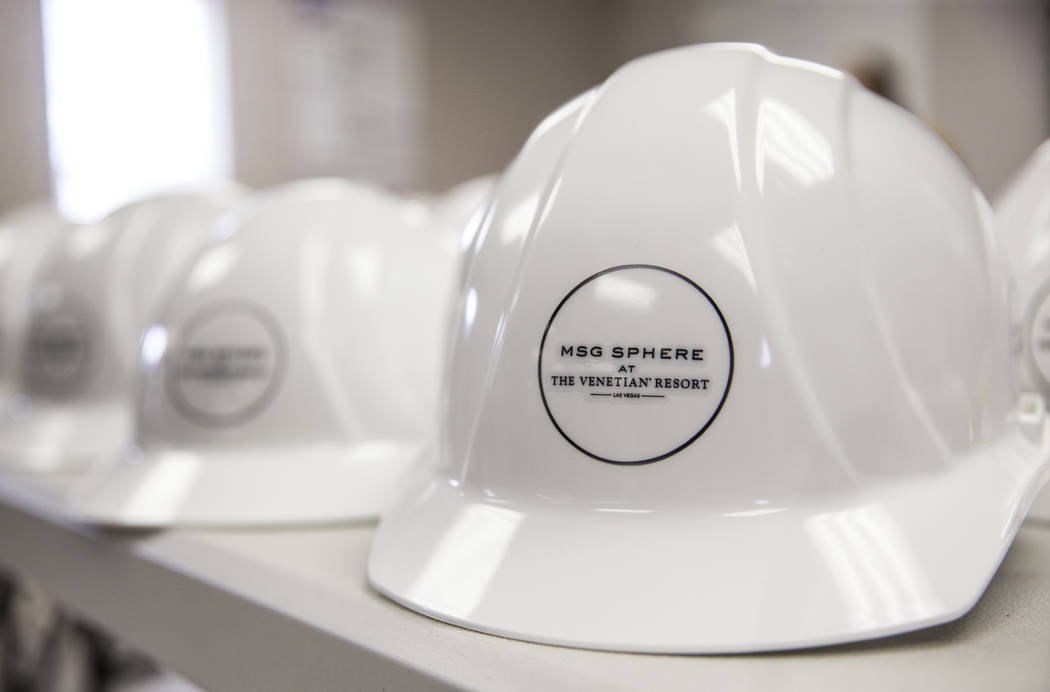 Construction helmets on the future site of the MSG Sphere at The Venetian on Tuesday, July 23, ...