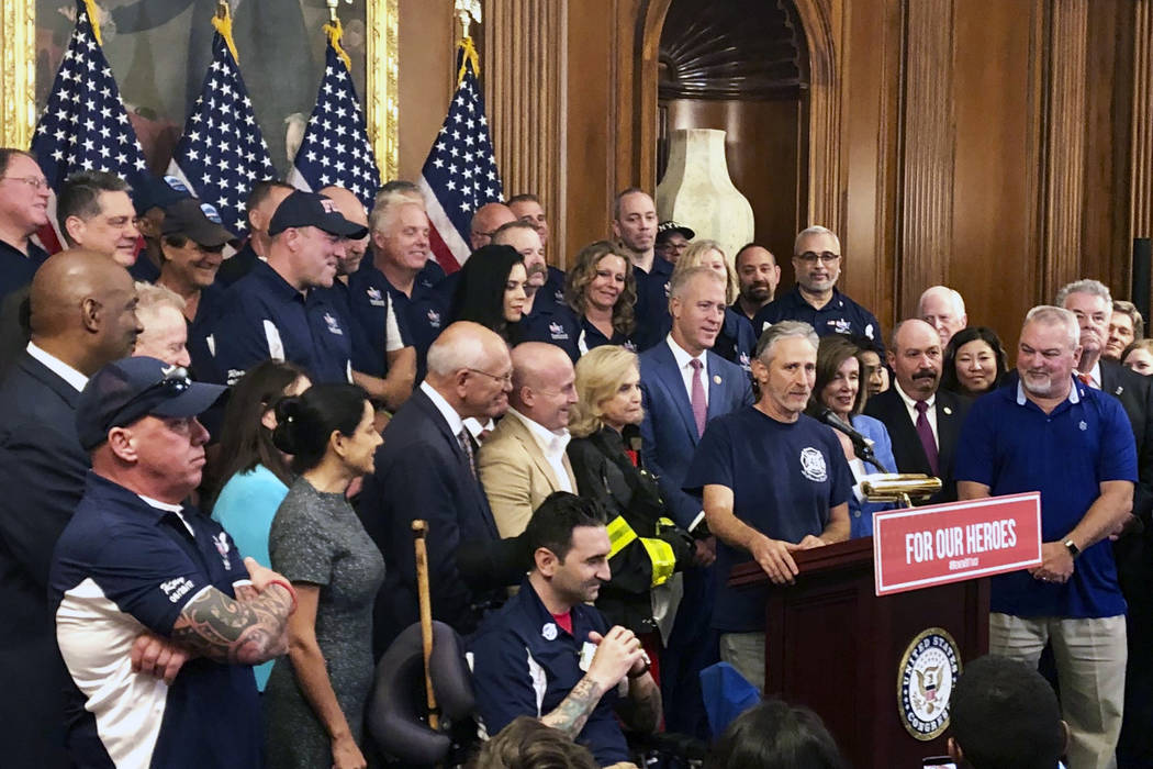 Entertainer and activist Jon Stewart, speaks at a news conference on behalf of 9/11 victims and ...