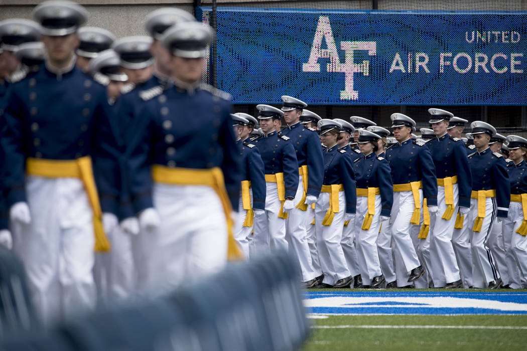 FILE - In this May 30, 2019 file photo, Air Force Cadets arrive at the 2019 United States Air F ...