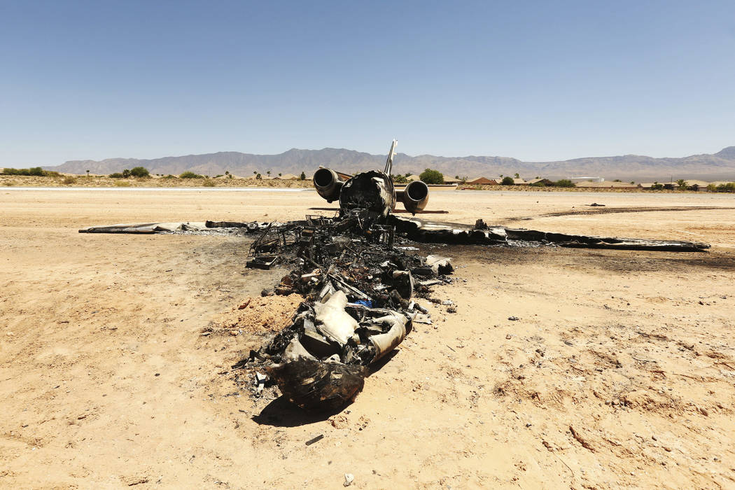 The aftermath of a plane crash at the Mesquite Municipal Airport on Thursday, July 18, 2019. Th ...