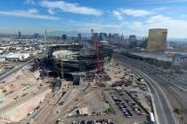 Aerial view of the Las Vegas Raiders stadium under construction as seen on Friday, March 15, 20 ...