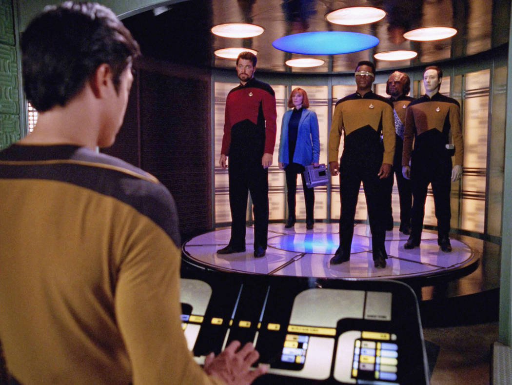 Pictured left to right: Jonathan Frakes, Gates McFadden, LeVar Burton, Michael Dorn and Brent S ...