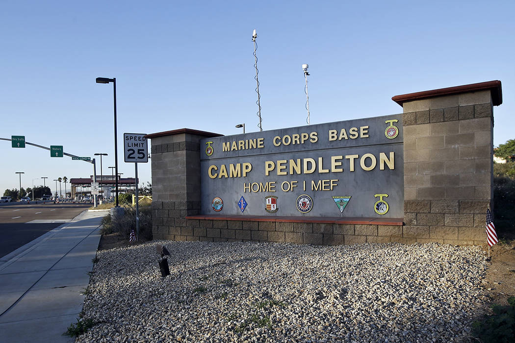 FILE - This Nov. 13, 2013 file photo shows the main gate of Camp Pendleton Marine Base at Camp ...