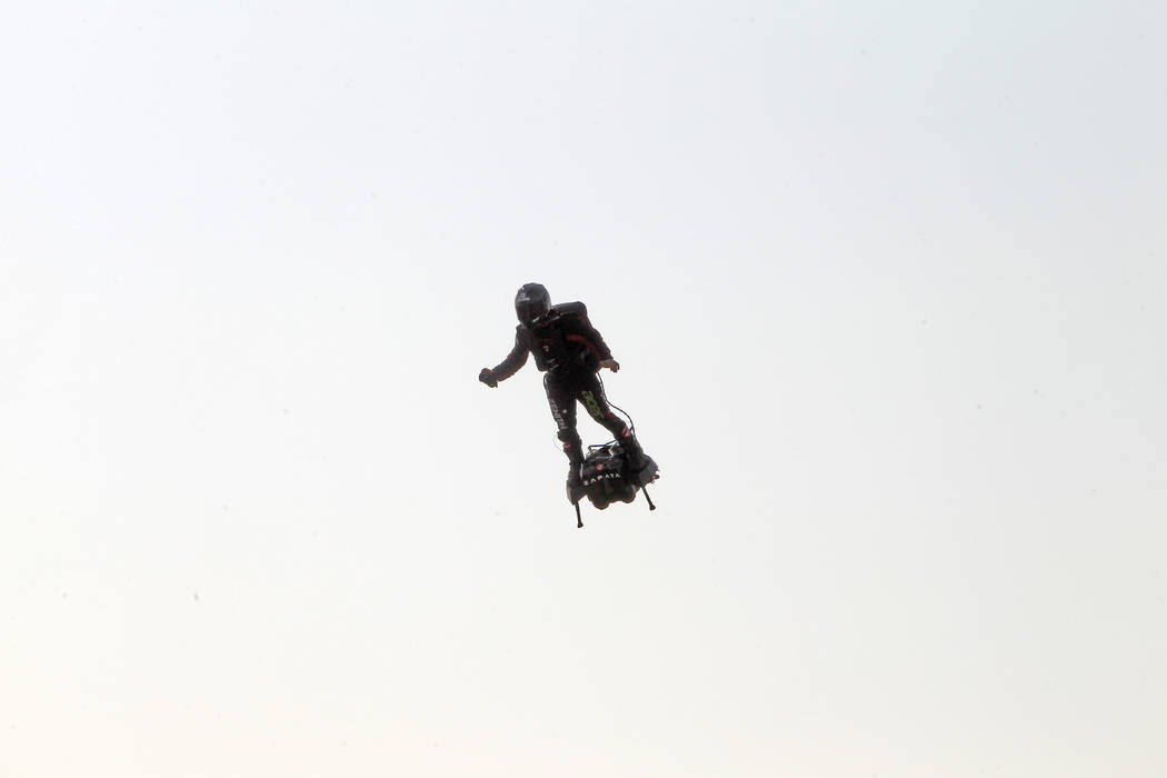 Franky Zapata, a 40-year-old inventor, takes to the air in Sangatte, Northern France, at the st ...