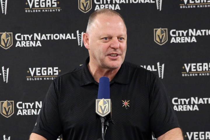 Golden Knights coach Gerard Gallant addresses the media at City National Arena on Thursday, Apr ...